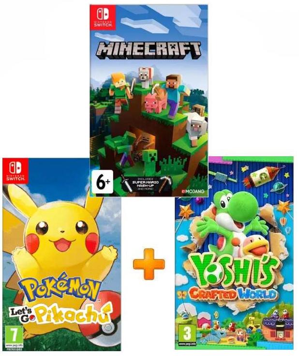 ИгроПак для Nintendo Switch: Minecraft: Nintendo Switch Edition + Yoshi’s Crafted World + Pokemon: Let’s Go, Pikachu!
