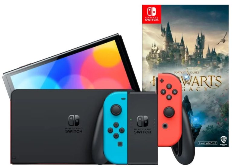 Игровая приставка Nintendo Switch OLED 64GB (неоновый красный/неоновый синий) (AZ) + Игра Hogwarts Legacy