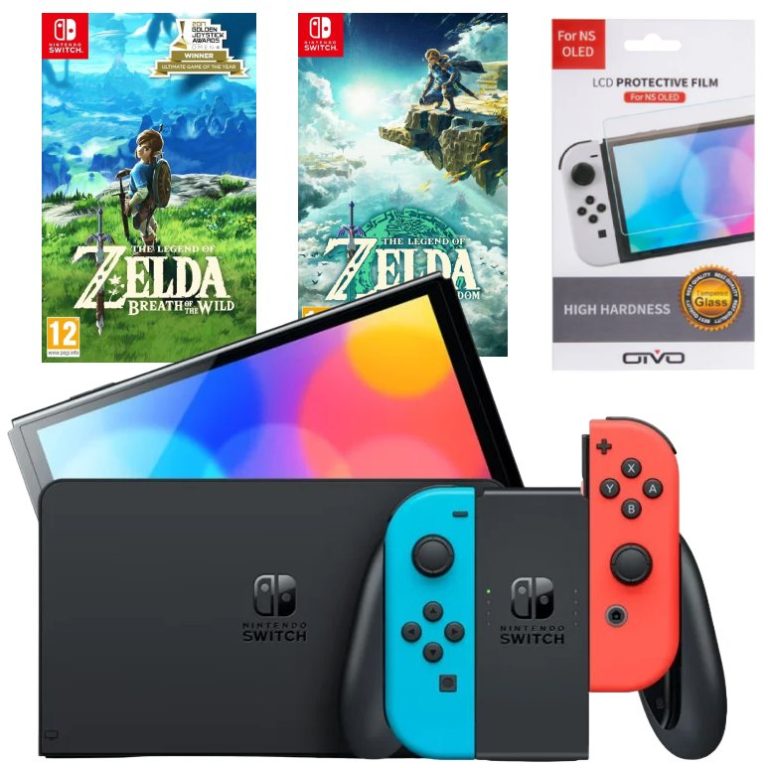 Игровая приставка Nintendo Switch OLED 64GB (неоновый красный/неоновый синий) (AZ) + Игра Legend of Zelda: Tears of the Kingdom + Игра The Legend of Zelda: Breath of the Wild + Защитная плёнка OIVO