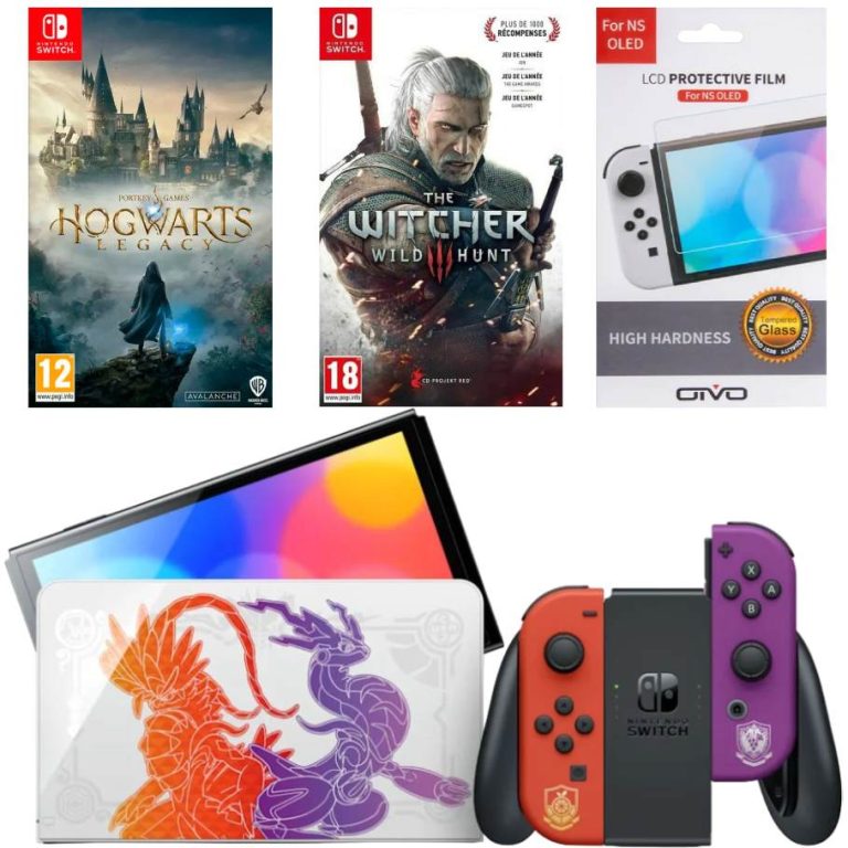 Игровая приставка Nintendo Switch OLED 64GB (Pokemon Scarlet and Violet Edition) + Игра Hogwarts Legacy + Игра Ведьмак 3: Дикая охота + Защитная плёнка OIVO