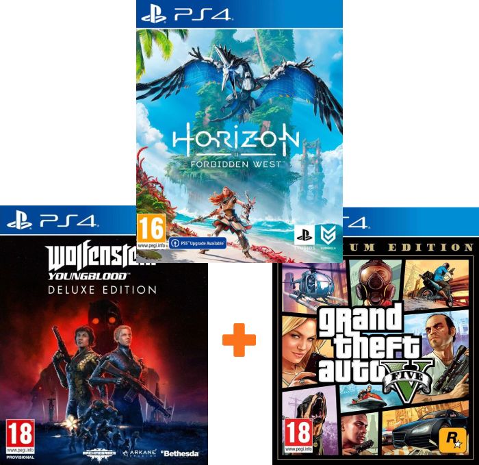 ИгроПак для PS4: Grand Theft Auto V Premium Online Edition + Horizon: Forbidden West + Wolfenstein: Youngblood Deluxe Edition