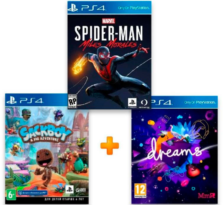 ИгроПак для PS4: Грёзы (Dreams) + Sackboy A Big Adventure + Marvel’s Spider-Man Miles Morales