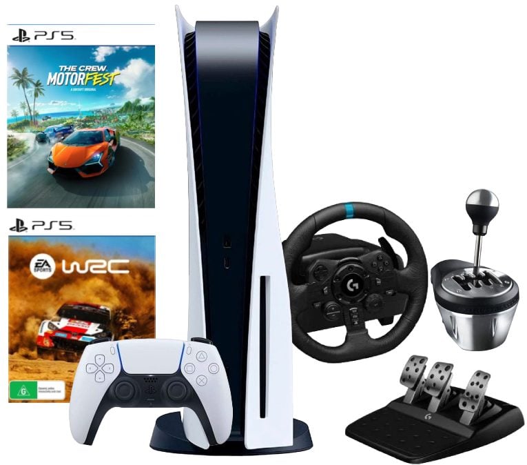 Sony PlayStation 5 (CFI-1200A, JP) + руль Logitech + коробка передач Thrustmaster + игра Crew Motorfest + игра EA Sports WRC